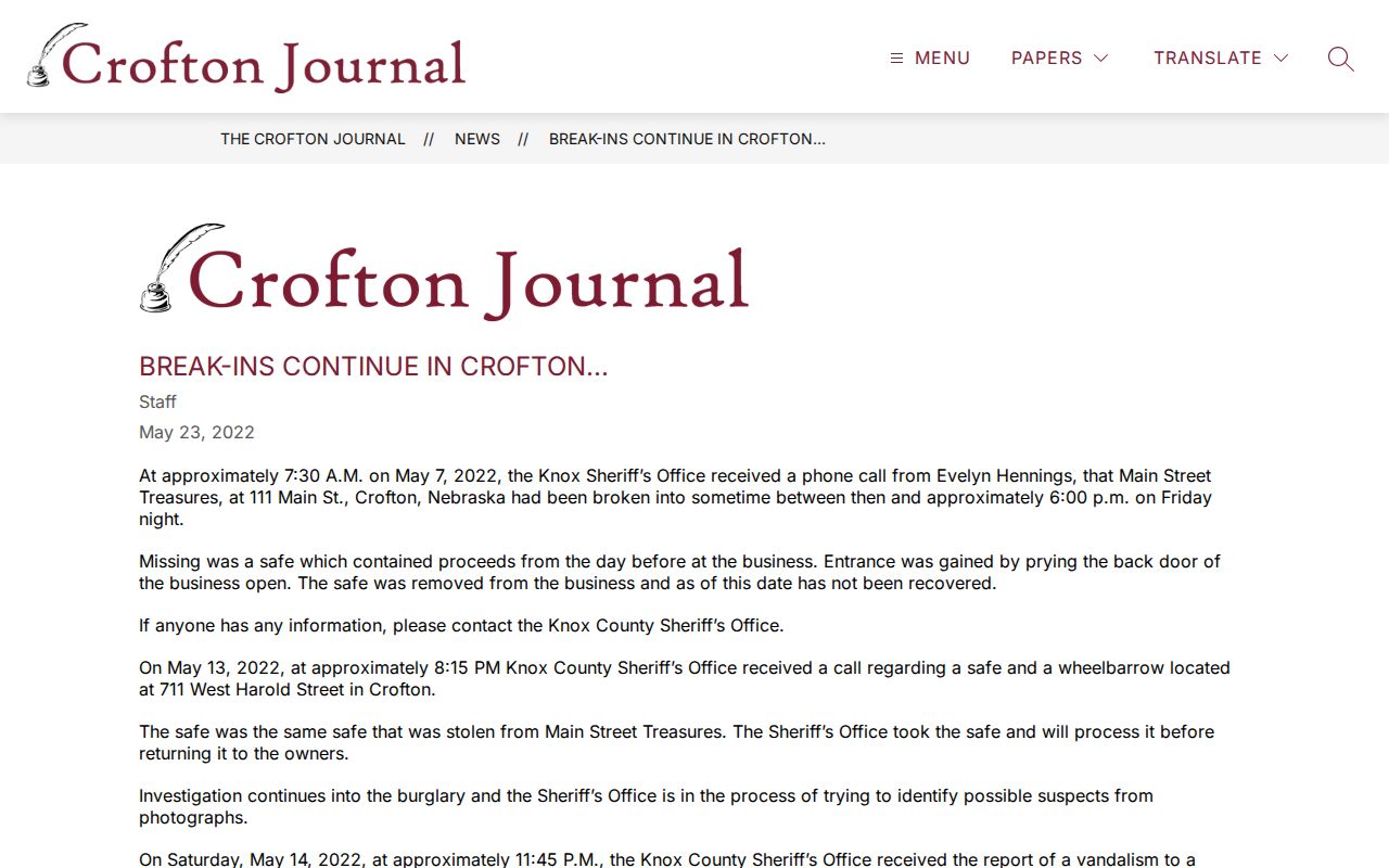 Knox County booking summary in Crofton Journal source